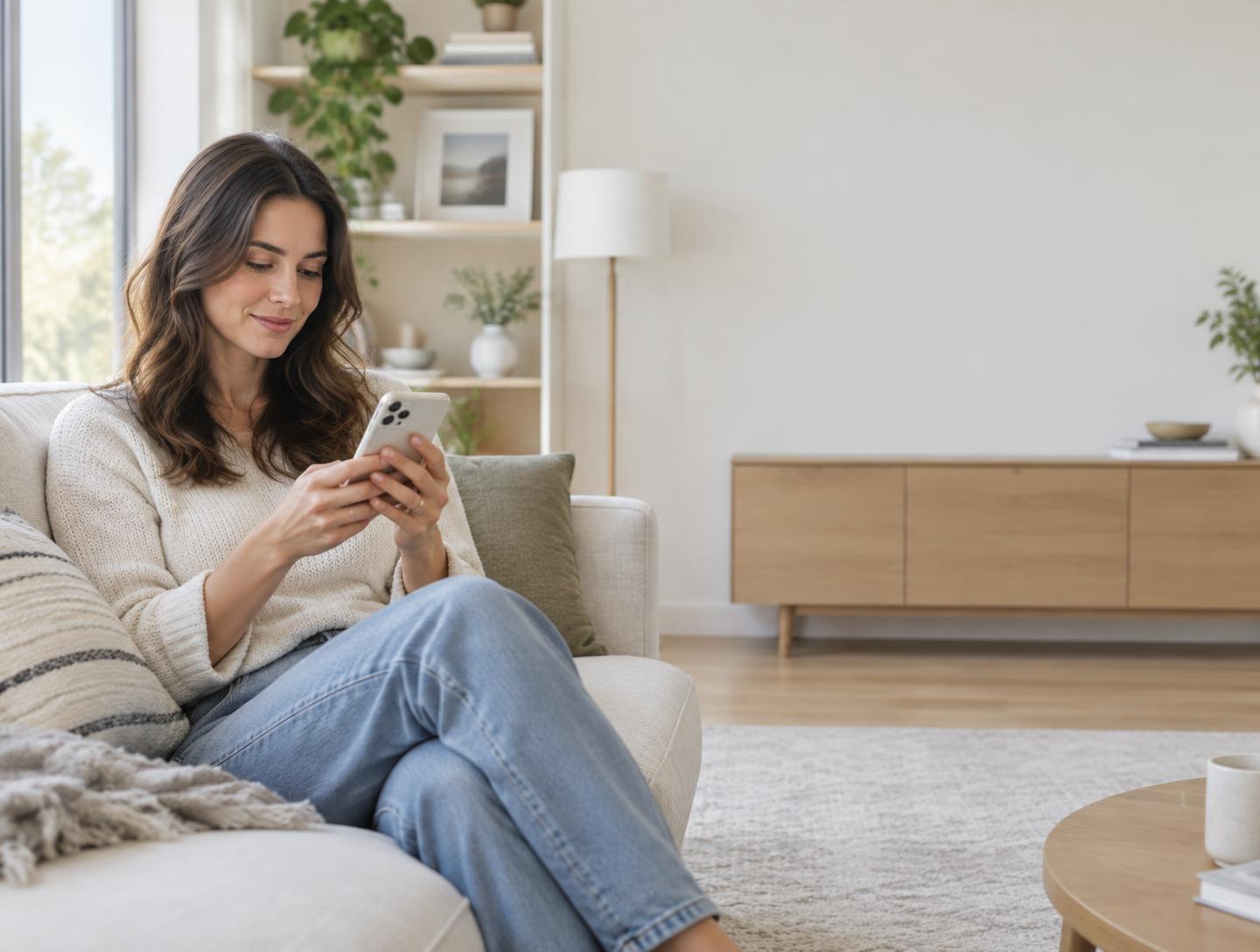 A mother checking her phone at home after discharge