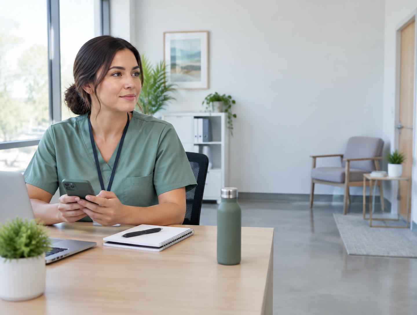 A care coordinator reviewing a referral on her phone at a clinic