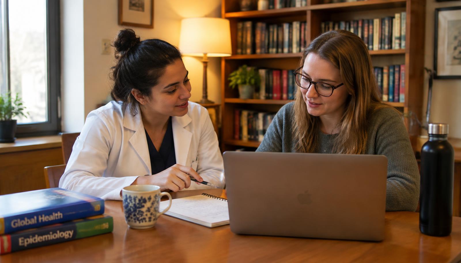 Two researchers reviewing notes together